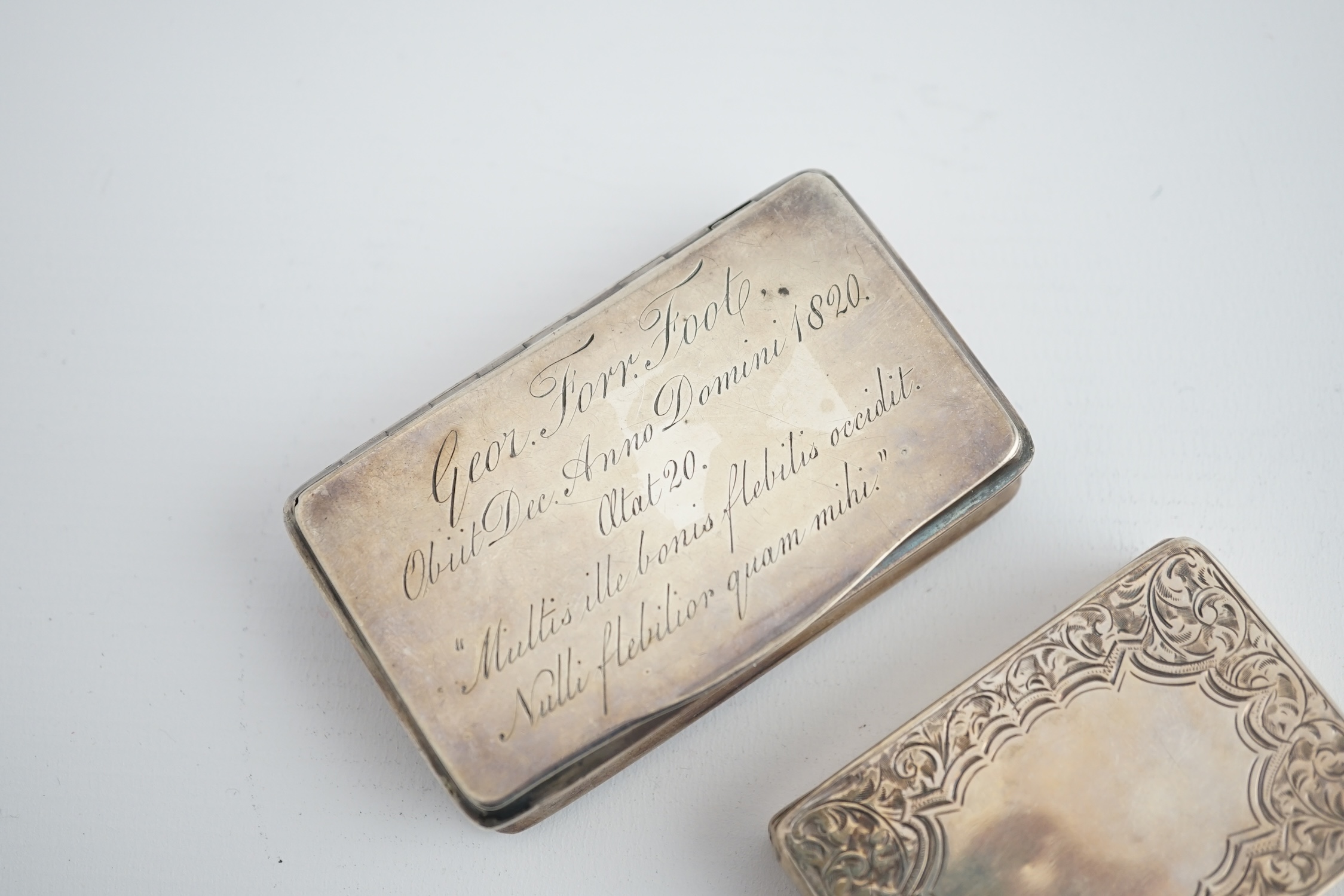 A George III silver snuff box, with engraved mourning inscription in Latin, Matthew Linwood